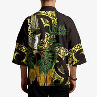 Yellow New Zealand Kowhai And Piwakawaka Kimono Maori Ngaru Paua Shell LT14 - Polynesian Pride