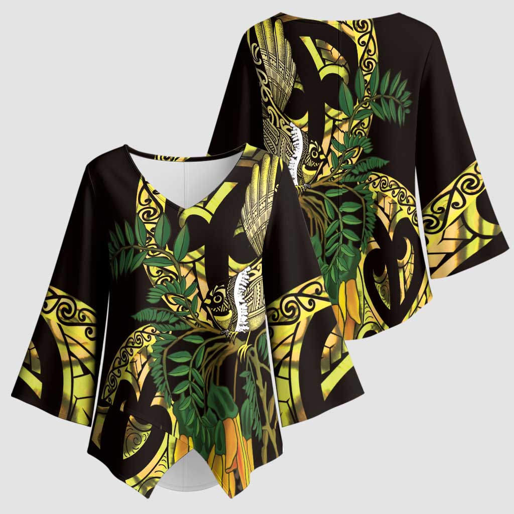 Yellow New Zealand Kowhai And Piwakawaka Kimono Sleeve Blouse Maori Ngaru Paua Shell LT14 - Polynesian Pride