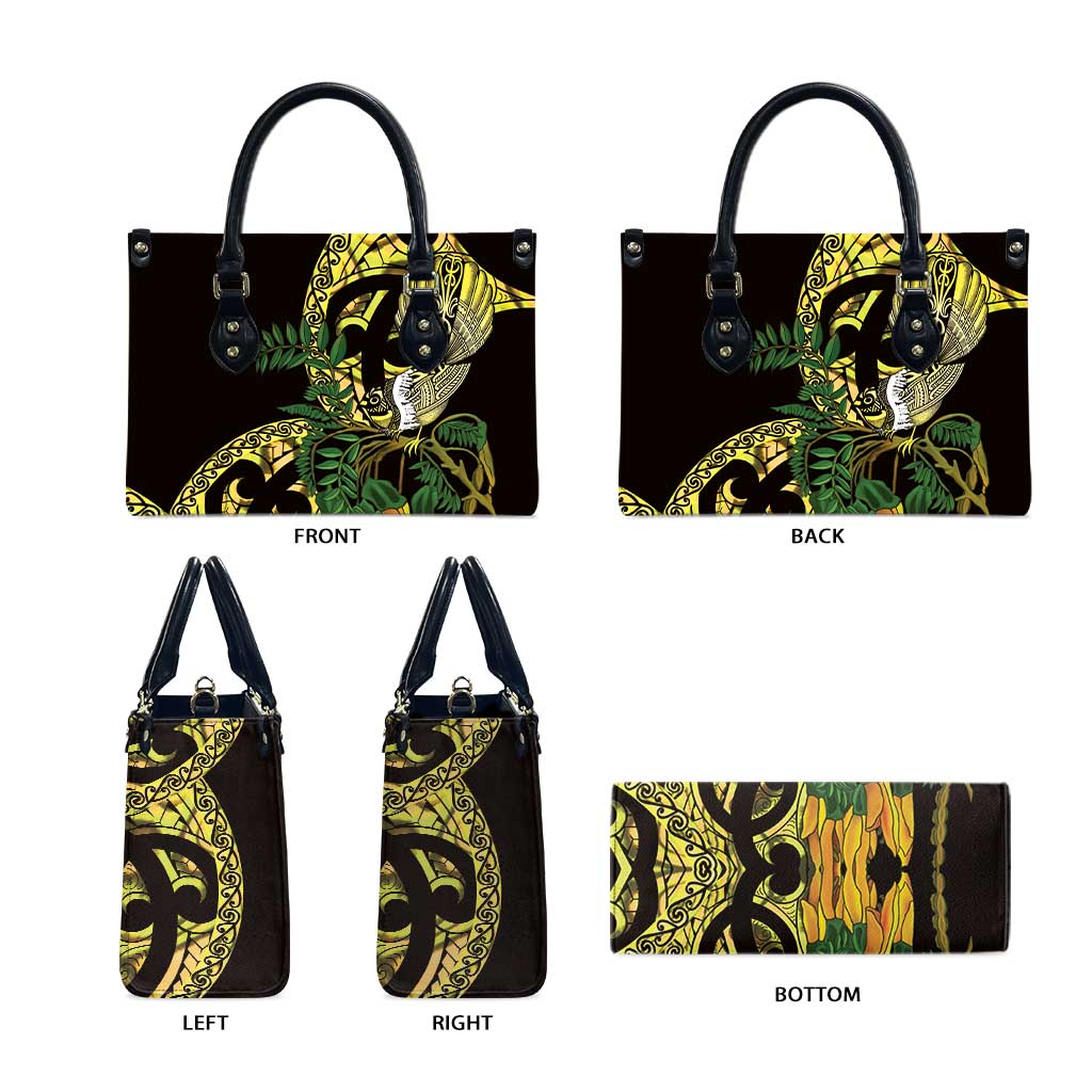 Yellow New Zealand Kowhai And Piwakawaka Leather Bag Maori Ngaru Paua Shell LT14 - Polynesian Pride
