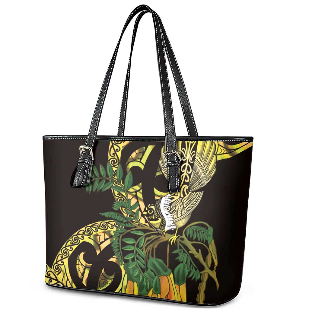 Yellow New Zealand Kowhai And Piwakawaka Leather Tote Bag Maori Ngaru Paua Shell LT14 - Polynesian Pride