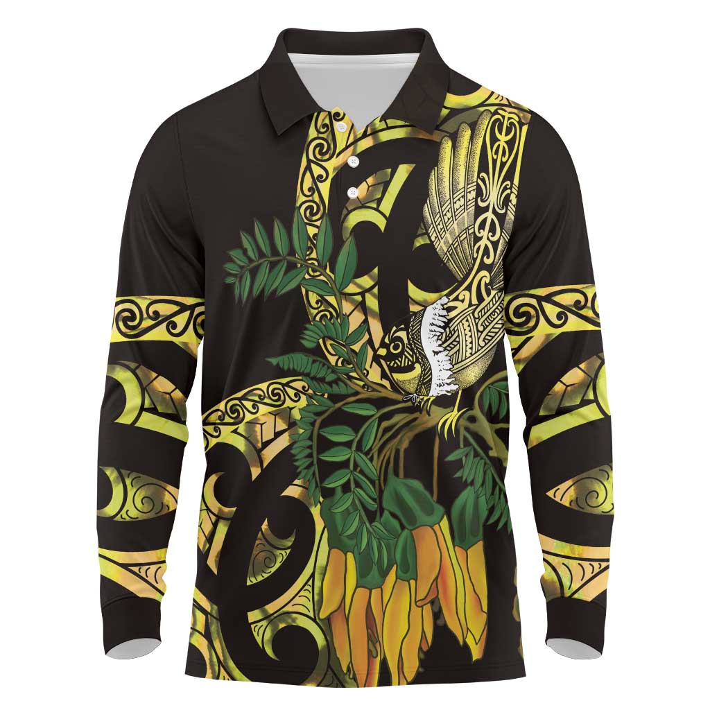 Yellow New Zealand Kowhai And Piwakawaka Long Sleeve Polo Shirt Maori Ngaru Paua Shell LT14 Yellow - Polynesian Pride