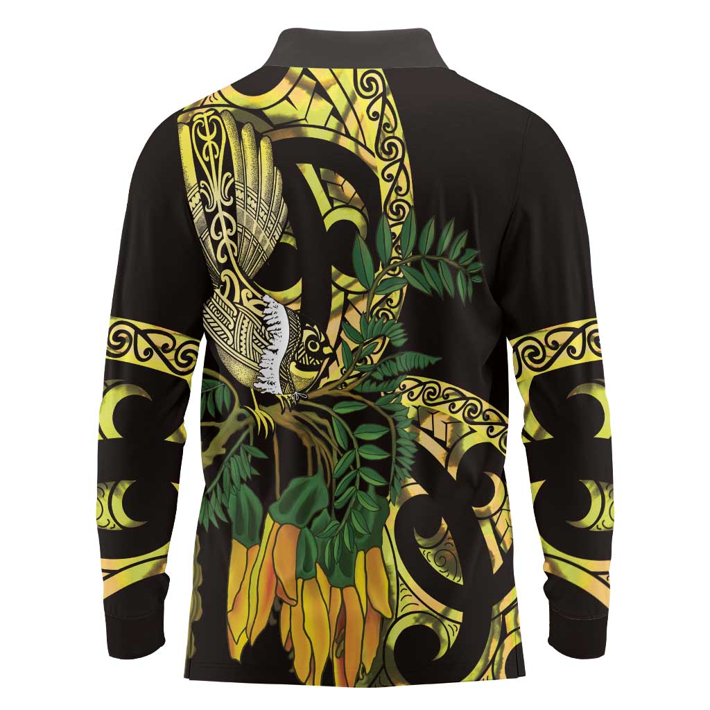 Yellow New Zealand Kowhai And Piwakawaka Long Sleeve Polo Shirt Maori Ngaru Paua Shell LT14 - Polynesian Pride