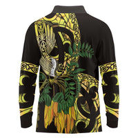 Yellow New Zealand Kowhai And Piwakawaka Long Sleeve Polo Shirt Maori Ngaru Paua Shell LT14 - Polynesian Pride