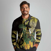 Yellow New Zealand Kowhai And Piwakawaka Long Sleeve Polo Shirt Maori Ngaru Paua Shell LT14 - Polynesian Pride
