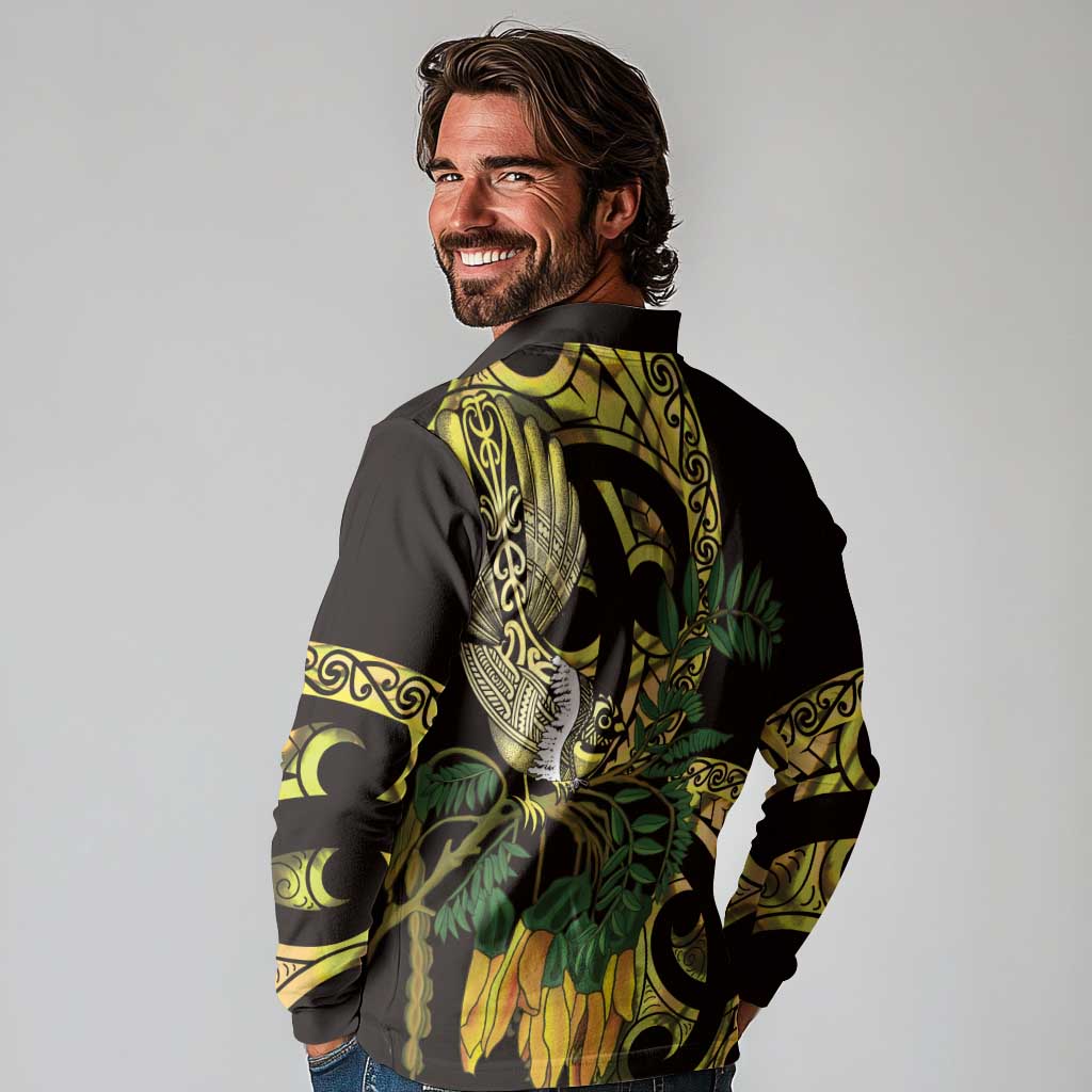 Yellow New Zealand Kowhai And Piwakawaka Long Sleeve Polo Shirt Maori Ngaru Paua Shell LT14 - Polynesian Pride