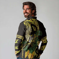 Yellow New Zealand Kowhai And Piwakawaka Long Sleeve Polo Shirt Maori Ngaru Paua Shell LT14 - Polynesian Pride
