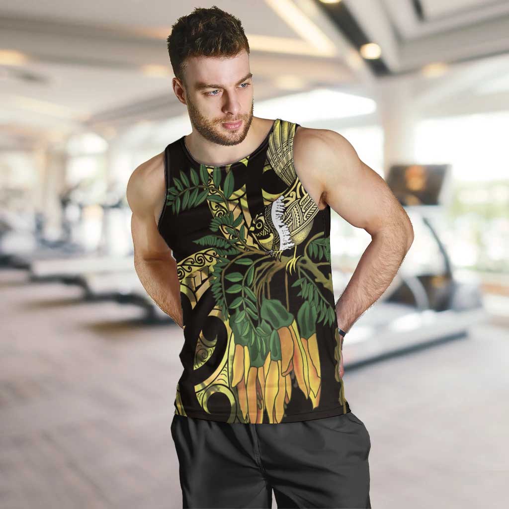 Yellow New Zealand Kowhai And Piwakawaka Men Tank Top Maori Ngaru Paua Shell LT14 Yellow - Polynesian Pride