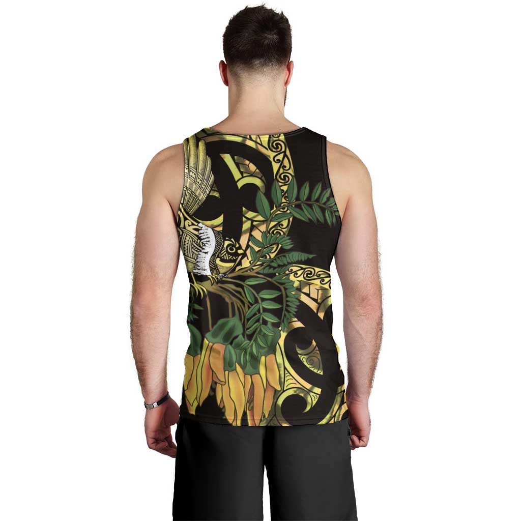Yellow New Zealand Kowhai And Piwakawaka Men Tank Top Maori Ngaru Paua Shell LT14 - Polynesian Pride