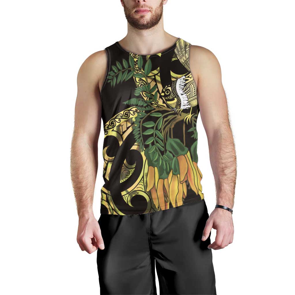 Yellow New Zealand Kowhai And Piwakawaka Men Tank Top Maori Ngaru Paua Shell LT14 - Polynesian Pride