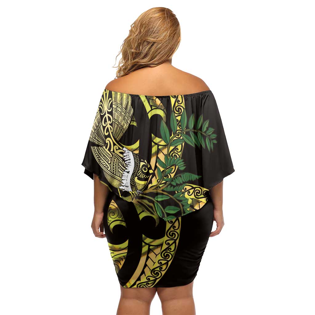 Yellow New Zealand Kowhai And Piwakawaka Off Shoulder Short Dress Maori Ngaru Paua Shell LT14 - Polynesian Pride