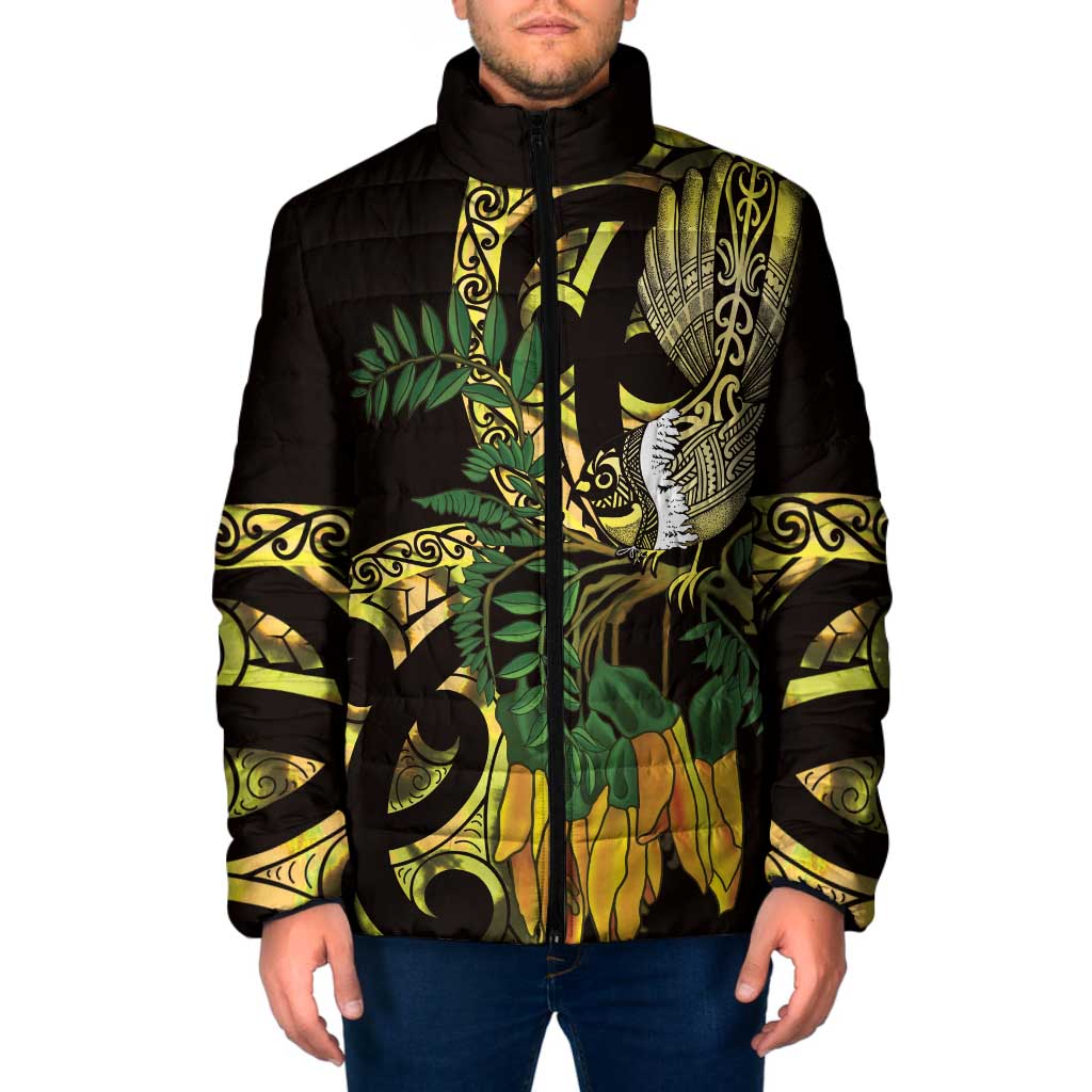 Yellow New Zealand Kowhai And Piwakawaka Padded Jacket Maori Ngaru Paua Shell LT14 Men Yellow - Polynesian Pride
