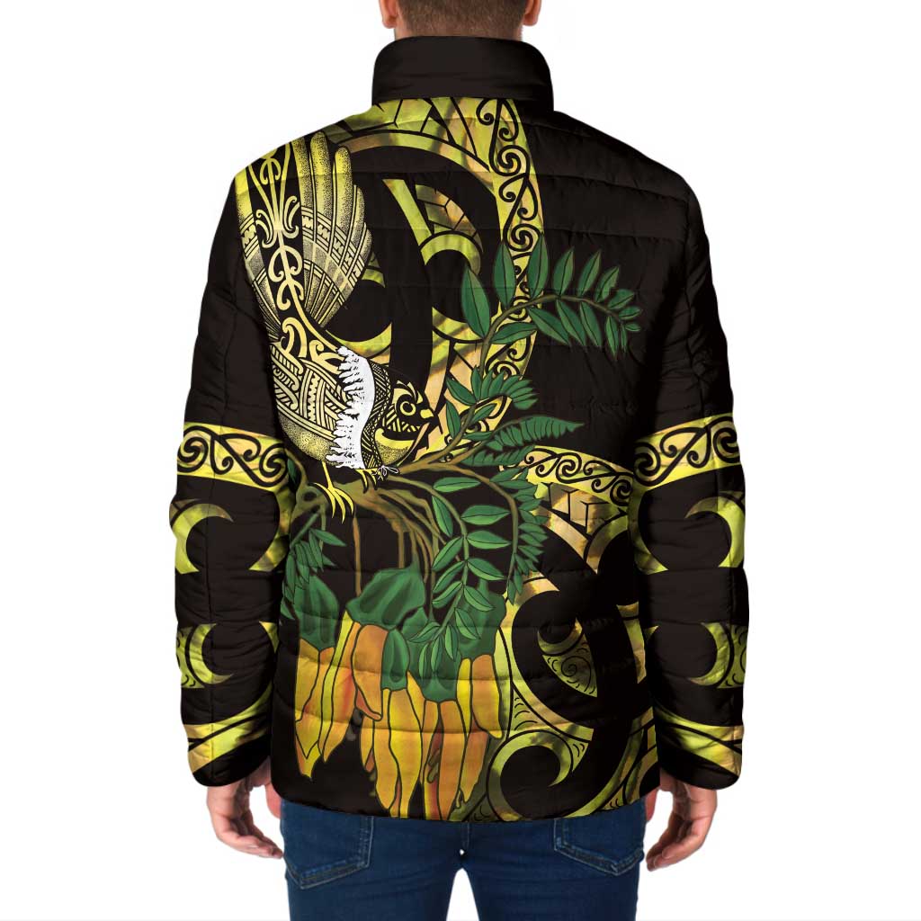 Yellow New Zealand Kowhai And Piwakawaka Padded Jacket Maori Ngaru Paua Shell LT14 - Polynesian Pride