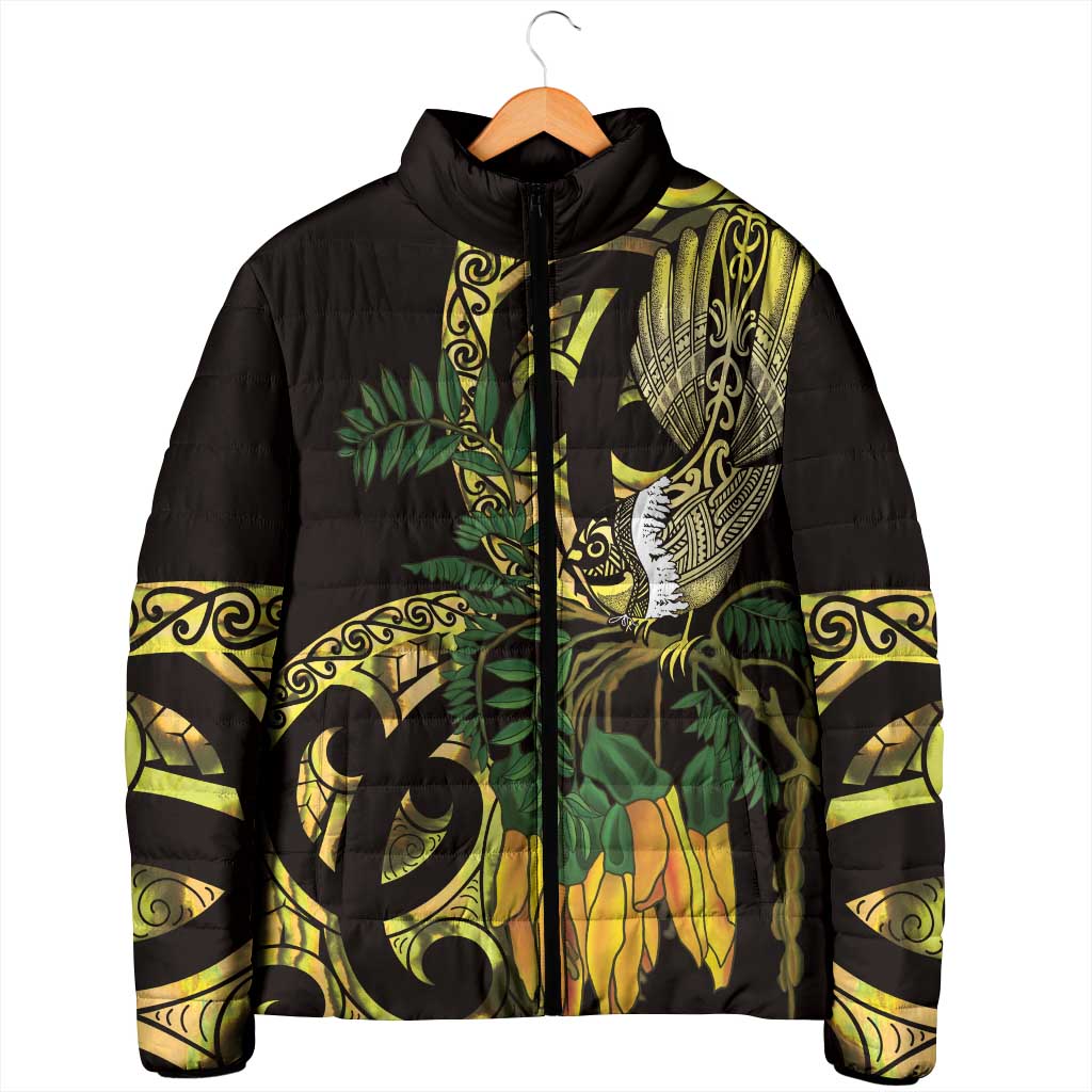 Yellow New Zealand Kowhai And Piwakawaka Padded Jacket Maori Ngaru Paua Shell LT14 - Polynesian Pride