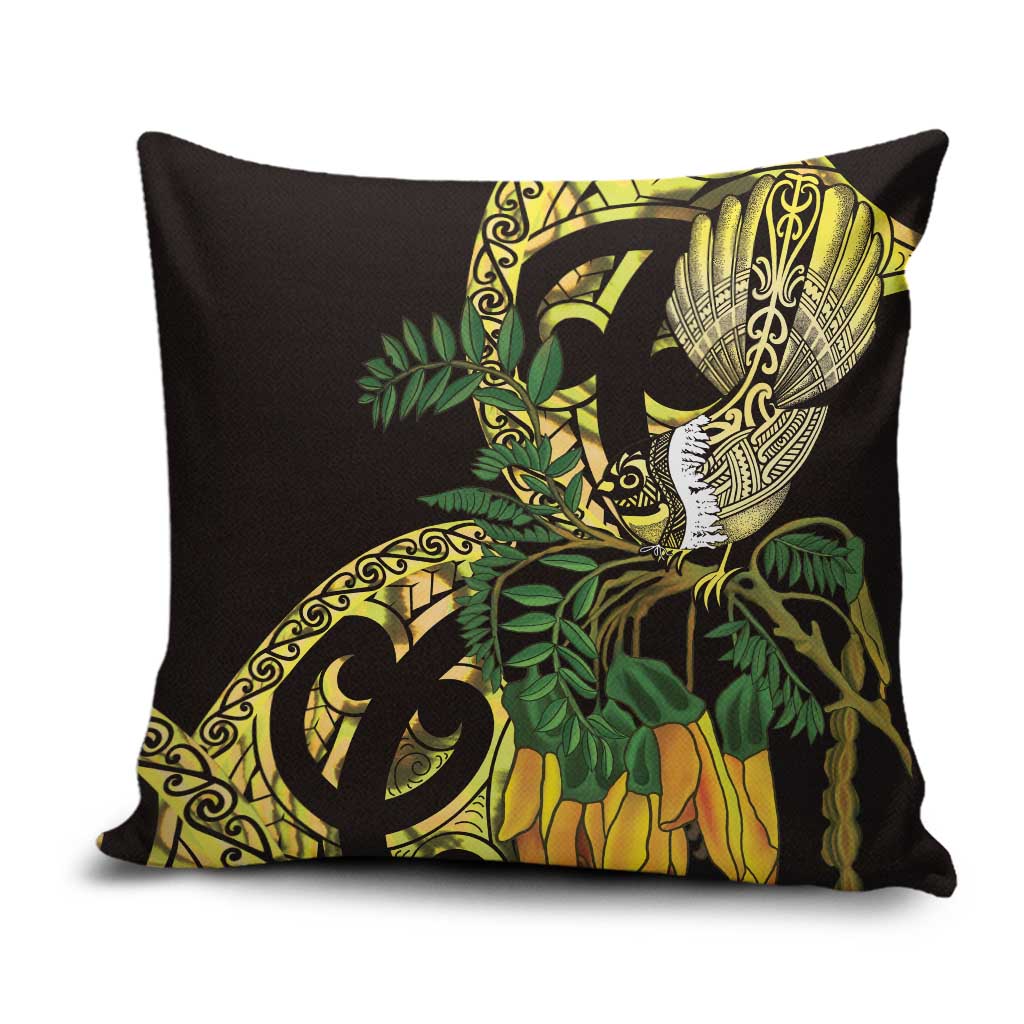 Yellow New Zealand Kowhai And Piwakawaka Pillow Cover Maori Ngaru Paua Shell LT14 Yellow - Polynesian Pride