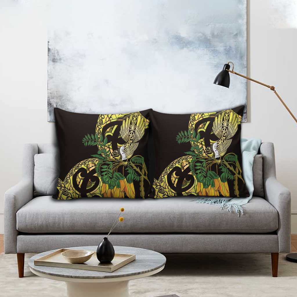 Yellow New Zealand Kowhai And Piwakawaka Pillow Cover Maori Ngaru Paua Shell LT14 - Polynesian Pride
