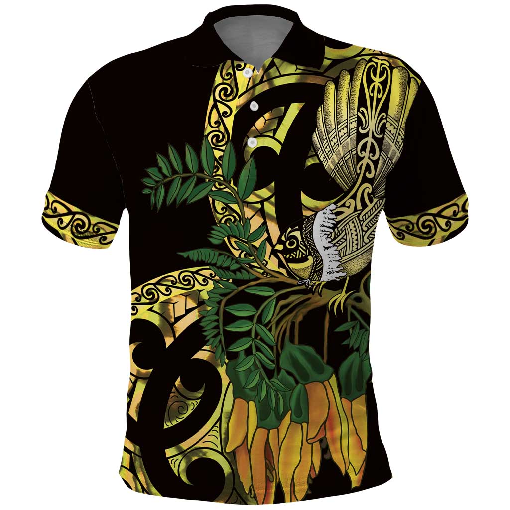 Yellow New Zealand Kowhai And Piwakawaka Polo Shirt Maori Ngaru Paua Shell LT14 Yellow - Polynesian Pride