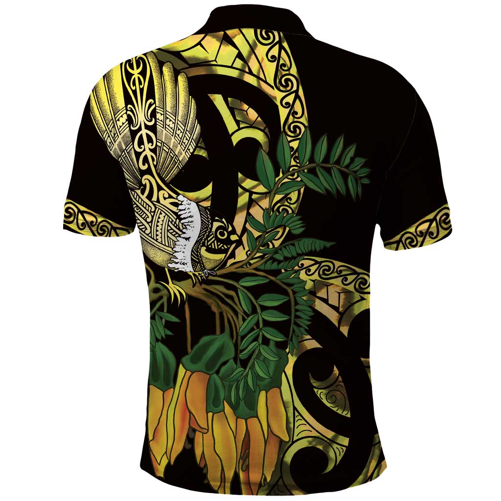 Yellow New Zealand Kowhai And Piwakawaka Polo Shirt Maori Ngaru Paua Shell LT14 - Polynesian Pride