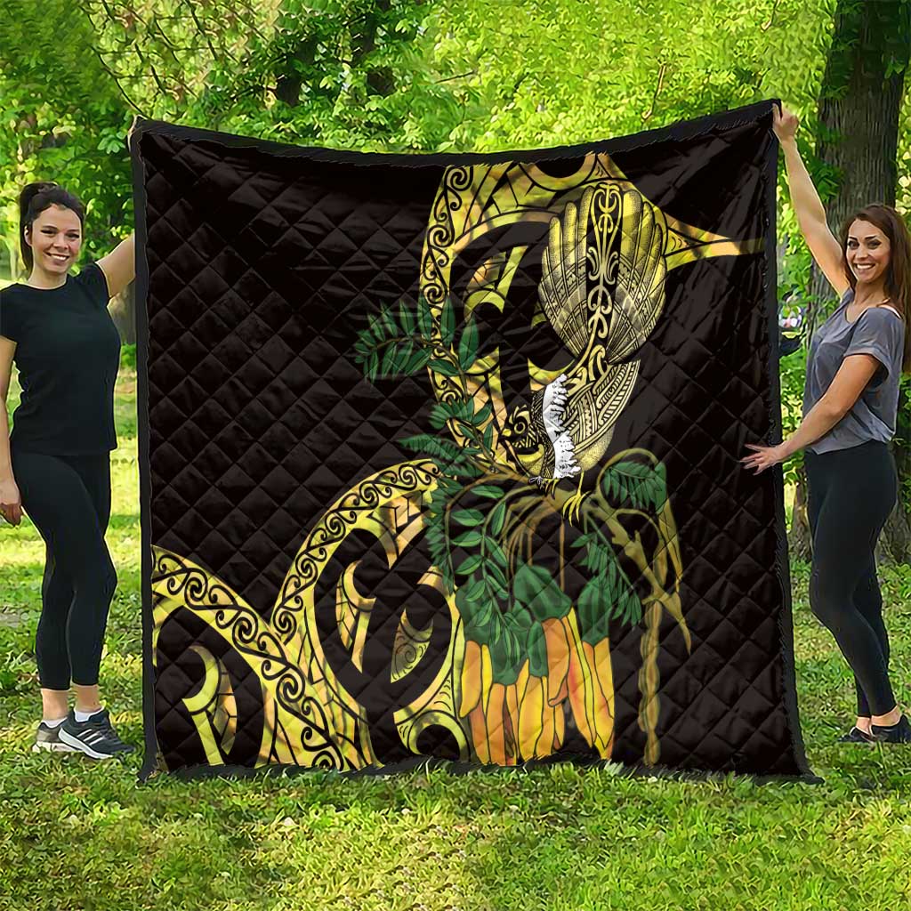 Yellow New Zealand Kowhai And Piwakawaka Quilt Maori Ngaru Paua Shell LT14 - Polynesian Pride