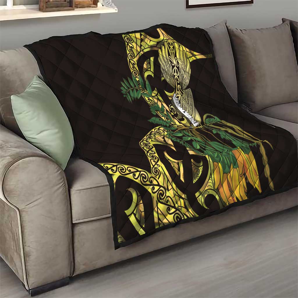 Yellow New Zealand Kowhai And Piwakawaka Quilt Maori Ngaru Paua Shell LT14 - Polynesian Pride