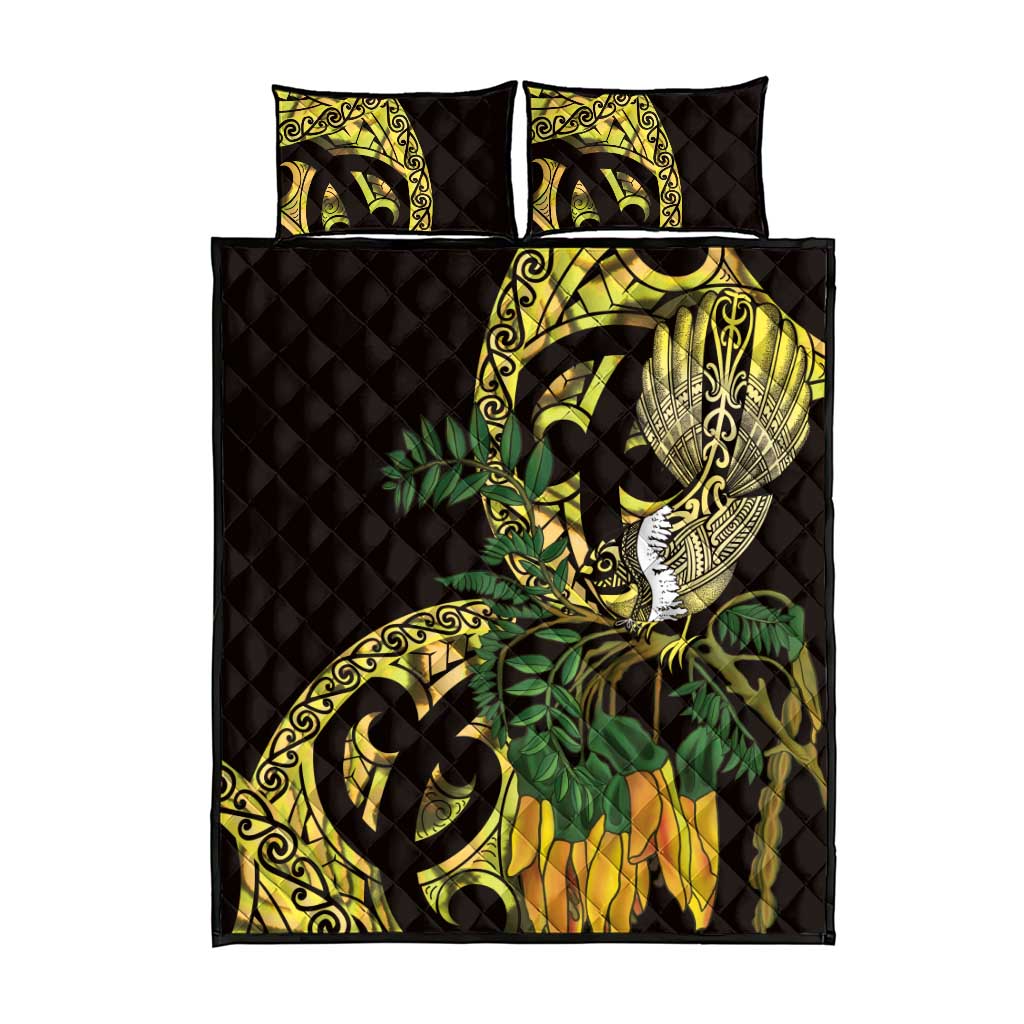 Yellow New Zealand Kowhai And Piwakawaka Quilt Bed Set Maori Ngaru Paua Shell LT14 - Polynesian Pride