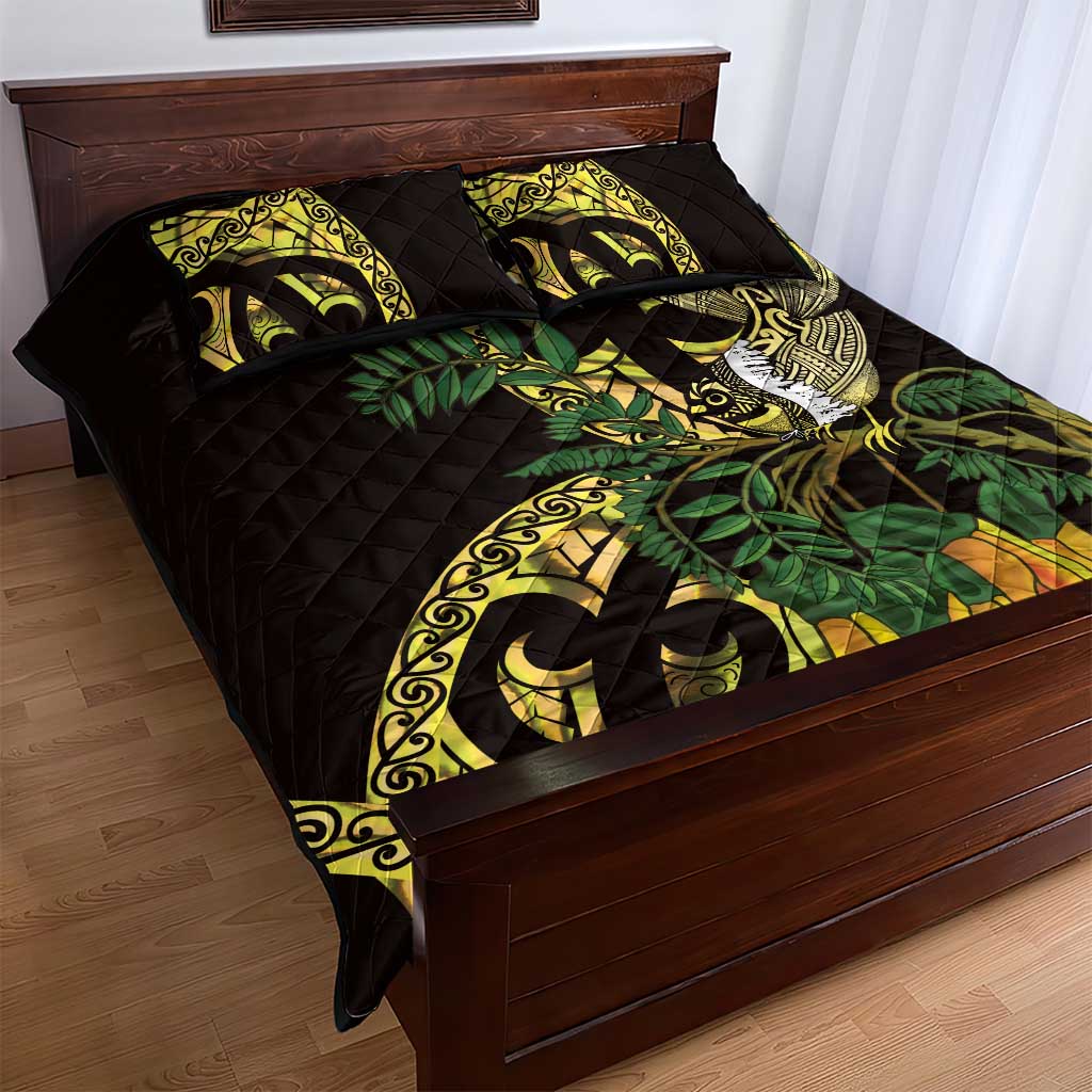 Yellow New Zealand Kowhai And Piwakawaka Quilt Bed Set Maori Ngaru Paua Shell LT14 - Polynesian Pride