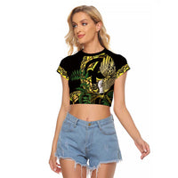 Yellow New Zealand Kowhai And Piwakawaka Raglan Cropped T Shirt Maori Ngaru Paua Shell LT14 Female Yellow - Polynesian Pride