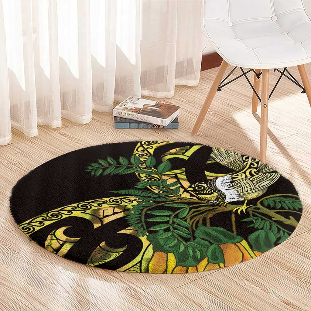 Yellow New Zealand Kowhai And Piwakawaka Round Carpet Maori Ngaru Paua Shell LT14 - Polynesian Pride