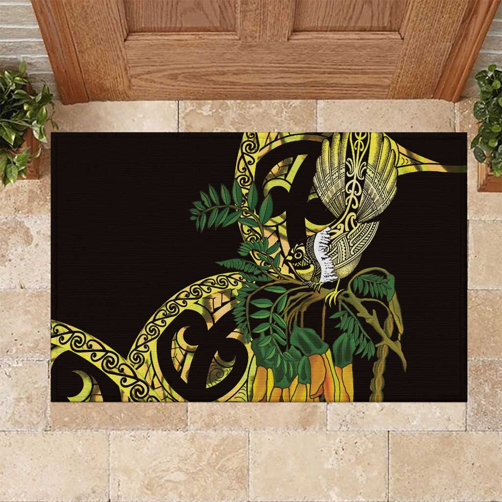 Yellow New Zealand Kowhai And Piwakawaka Rubber Doormat Maori Ngaru Paua Shell LT14 Yellow - Polynesian Pride