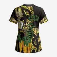 Yellow New Zealand Kowhai And Piwakawaka Scrub Top Maori Ngaru Paua Shell LT14 - Polynesian Pride