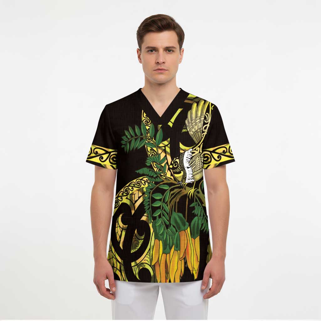 Yellow New Zealand Kowhai And Piwakawaka Scrub Top Maori Ngaru Paua Shell LT14 - Polynesian Pride