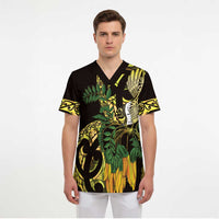 Yellow New Zealand Kowhai And Piwakawaka Scrub Top Maori Ngaru Paua Shell LT14 - Polynesian Pride