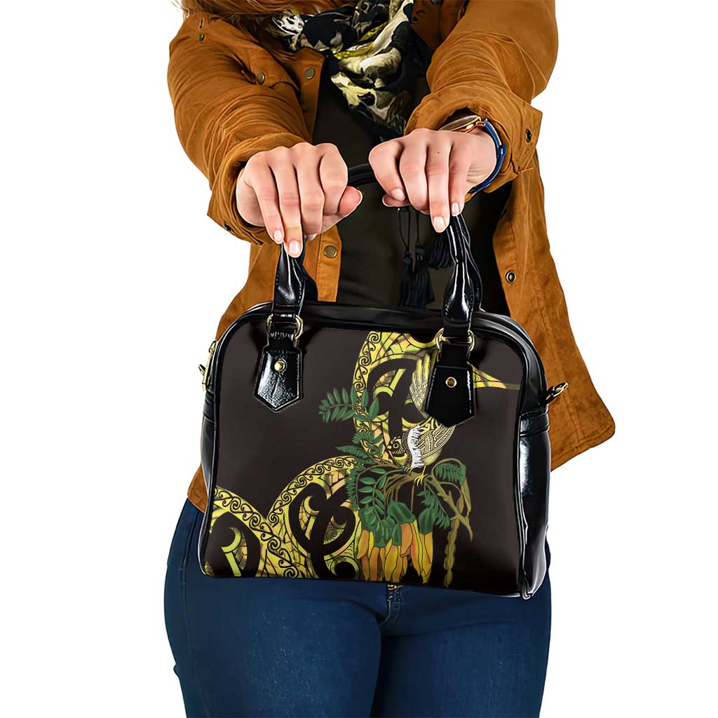 Yellow New Zealand Kowhai And Piwakawaka Shoulder Handbag Maori Ngaru Paua Shell LT14 One Size Yellow - Polynesian Pride