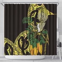 Yellow New Zealand Kowhai And Piwakawaka Shower Curtain Maori Ngaru Paua Shell LT14 - Polynesian Pride