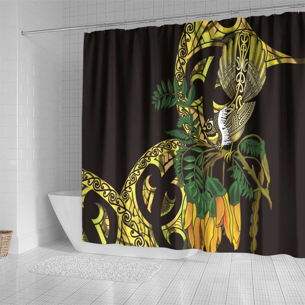 Yellow New Zealand Kowhai And Piwakawaka Shower Curtain Maori Ngaru Paua Shell LT14 - Polynesian Pride