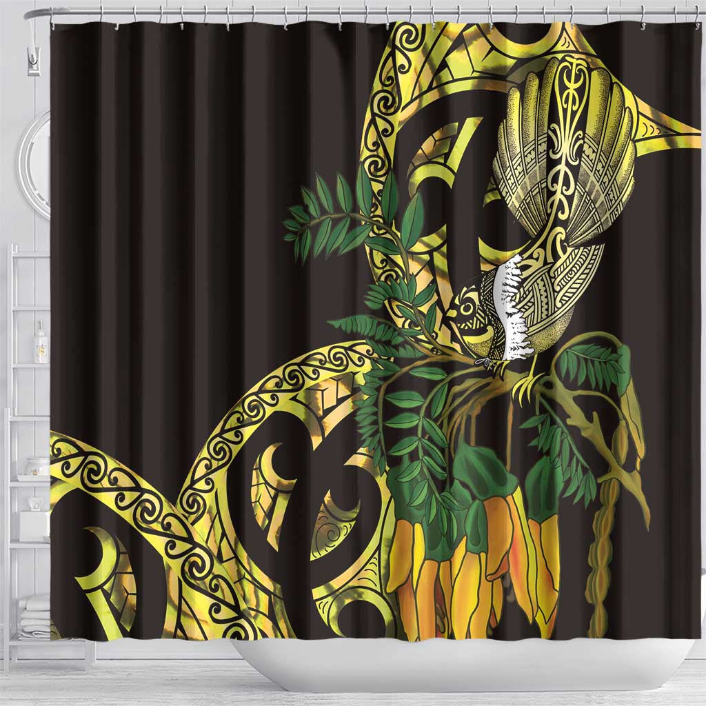 Yellow New Zealand Kowhai And Piwakawaka Shower Curtain Maori Ngaru Paua Shell LT14 - Polynesian Pride