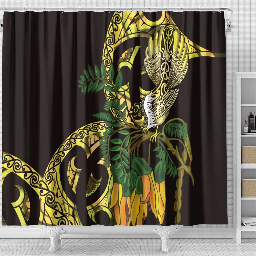 Yellow New Zealand Kowhai And Piwakawaka Shower Curtain Maori Ngaru Paua Shell LT14 - Polynesian Pride