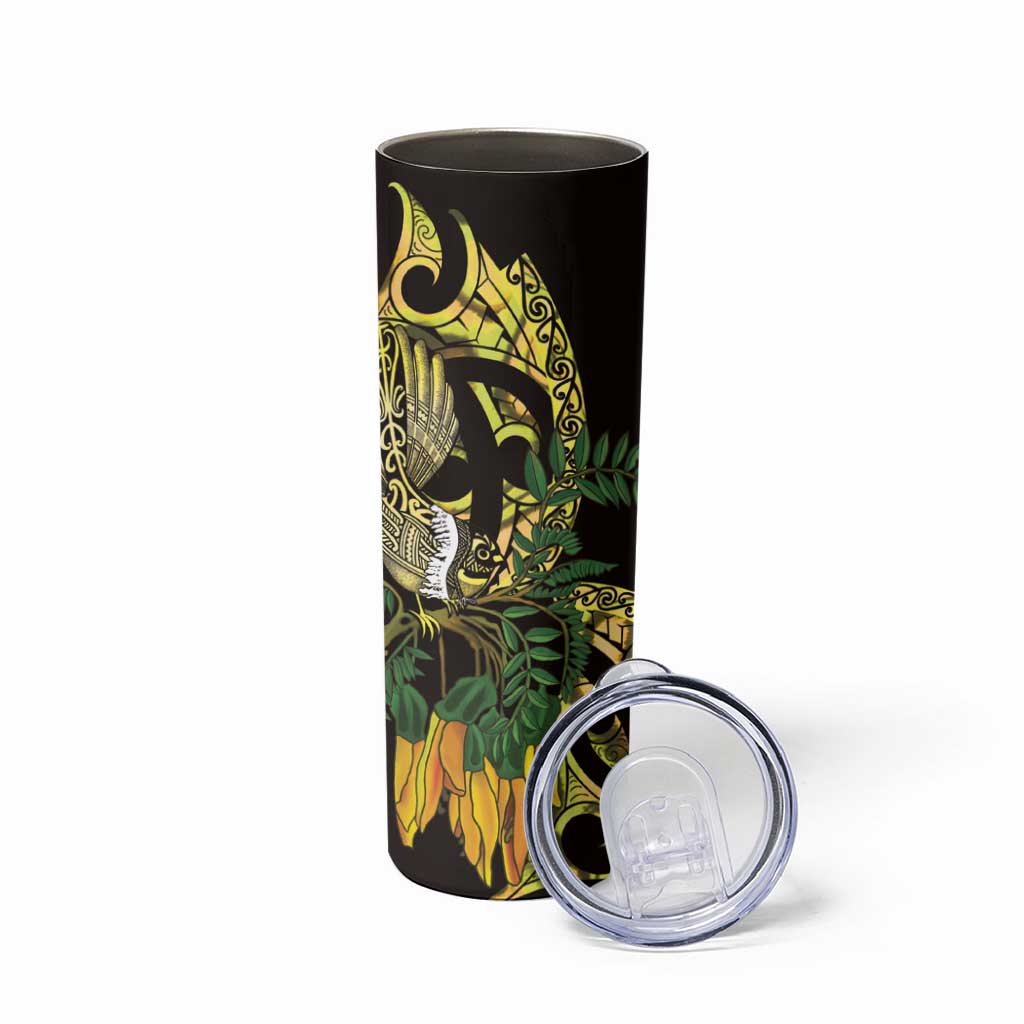 Yellow New Zealand Kowhai And Piwakawaka Skinny Tumbler Maori Ngaru Paua Shell LT14 - Polynesian Pride
