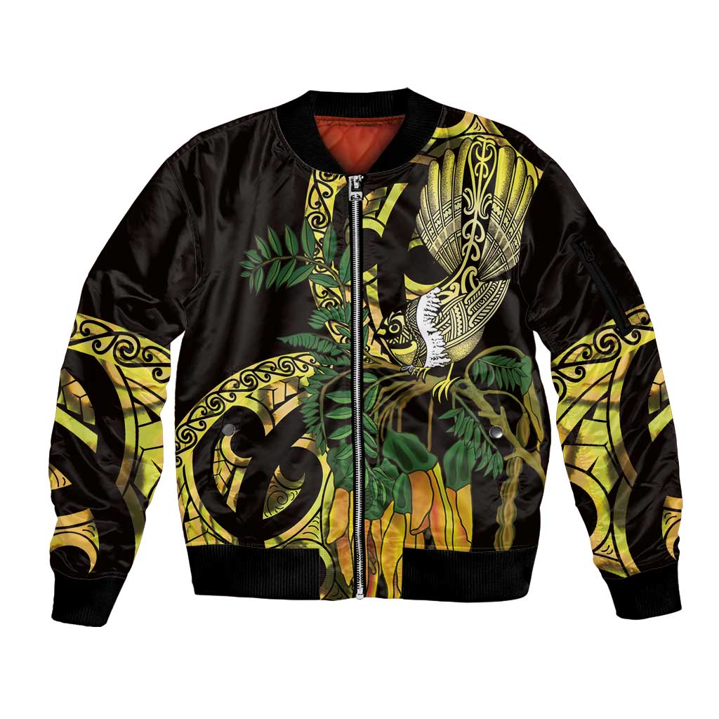 Yellow New Zealand Kowhai And Piwakawaka Sleeve Zip Bomber Jacket Maori Ngaru Paua Shell LT14 Unisex Yellow - Polynesian Pride