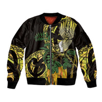 Yellow New Zealand Kowhai And Piwakawaka Sleeve Zip Bomber Jacket Maori Ngaru Paua Shell LT14 Unisex Yellow - Polynesian Pride
