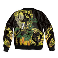 Yellow New Zealand Kowhai And Piwakawaka Sleeve Zip Bomber Jacket Maori Ngaru Paua Shell LT14 - Polynesian Pride