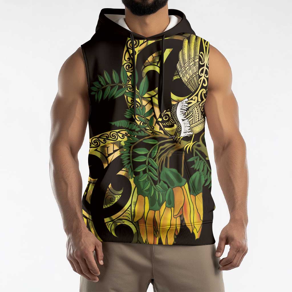 Yellow New Zealand Kowhai And Piwakawaka Sleeveless Hoodie Maori Ngaru Paua Shell LT14 - Polynesian Pride
