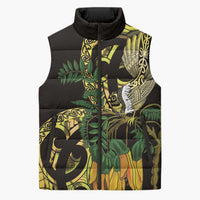 Yellow New Zealand Kowhai And Piwakawaka Sleeveless Puffer Jacket Maori Ngaru Paua Shell LT14 Unisex Yellow - Polynesian Pride