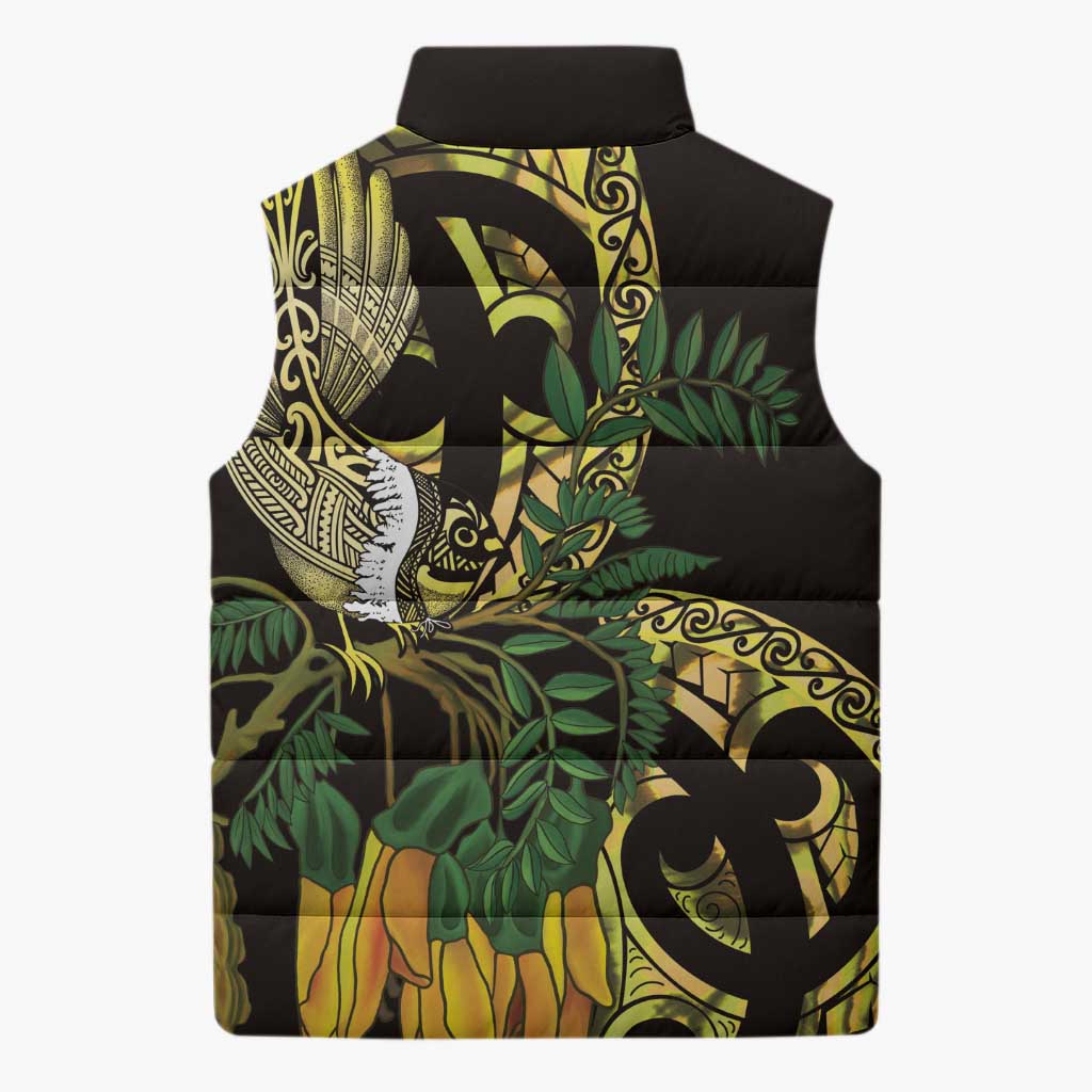 Yellow New Zealand Kowhai And Piwakawaka Sleeveless Puffer Jacket Maori Ngaru Paua Shell LT14 - Polynesian Pride