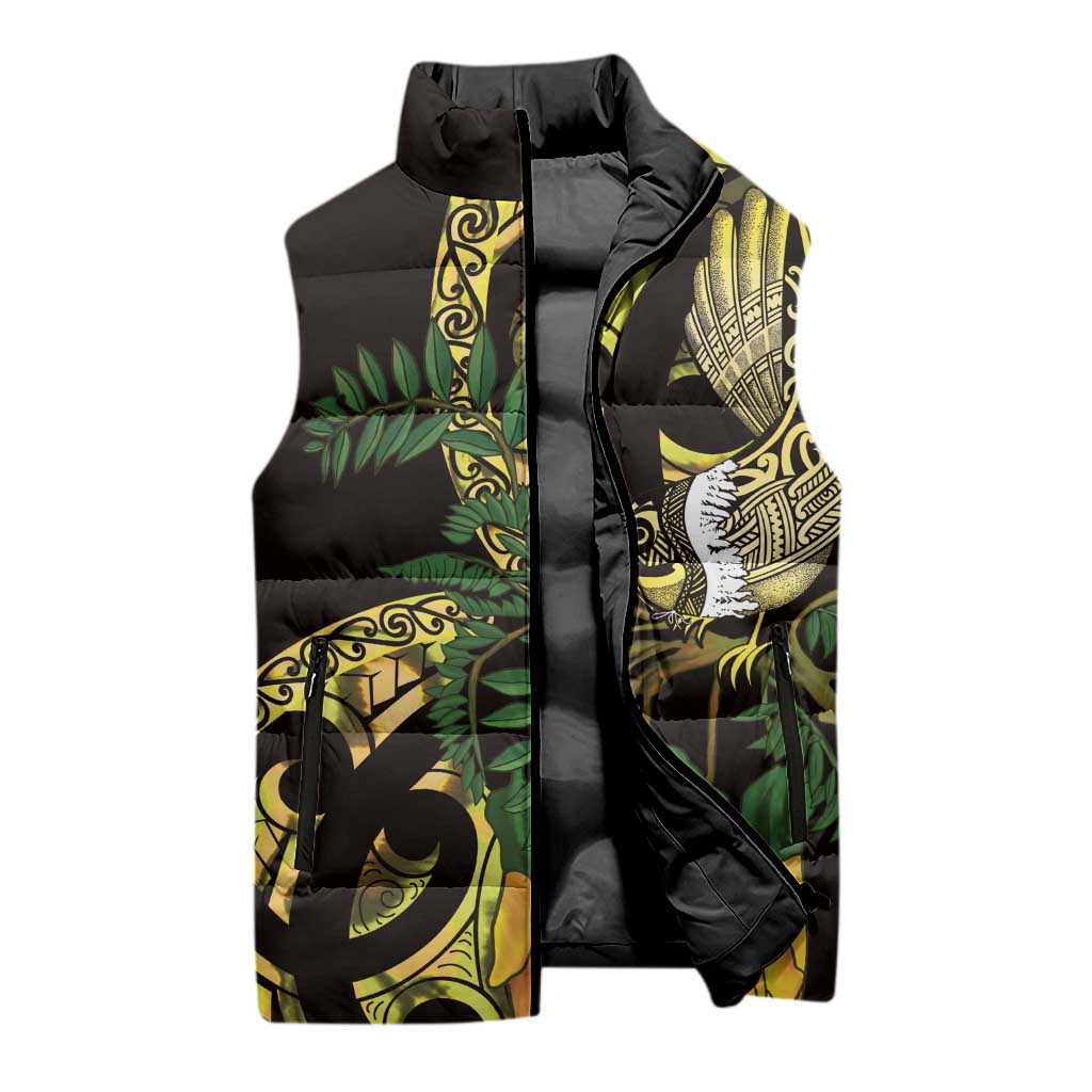 Yellow New Zealand Kowhai And Piwakawaka Sleeveless Puffer Jacket Maori Ngaru Paua Shell LT14 - Polynesian Pride