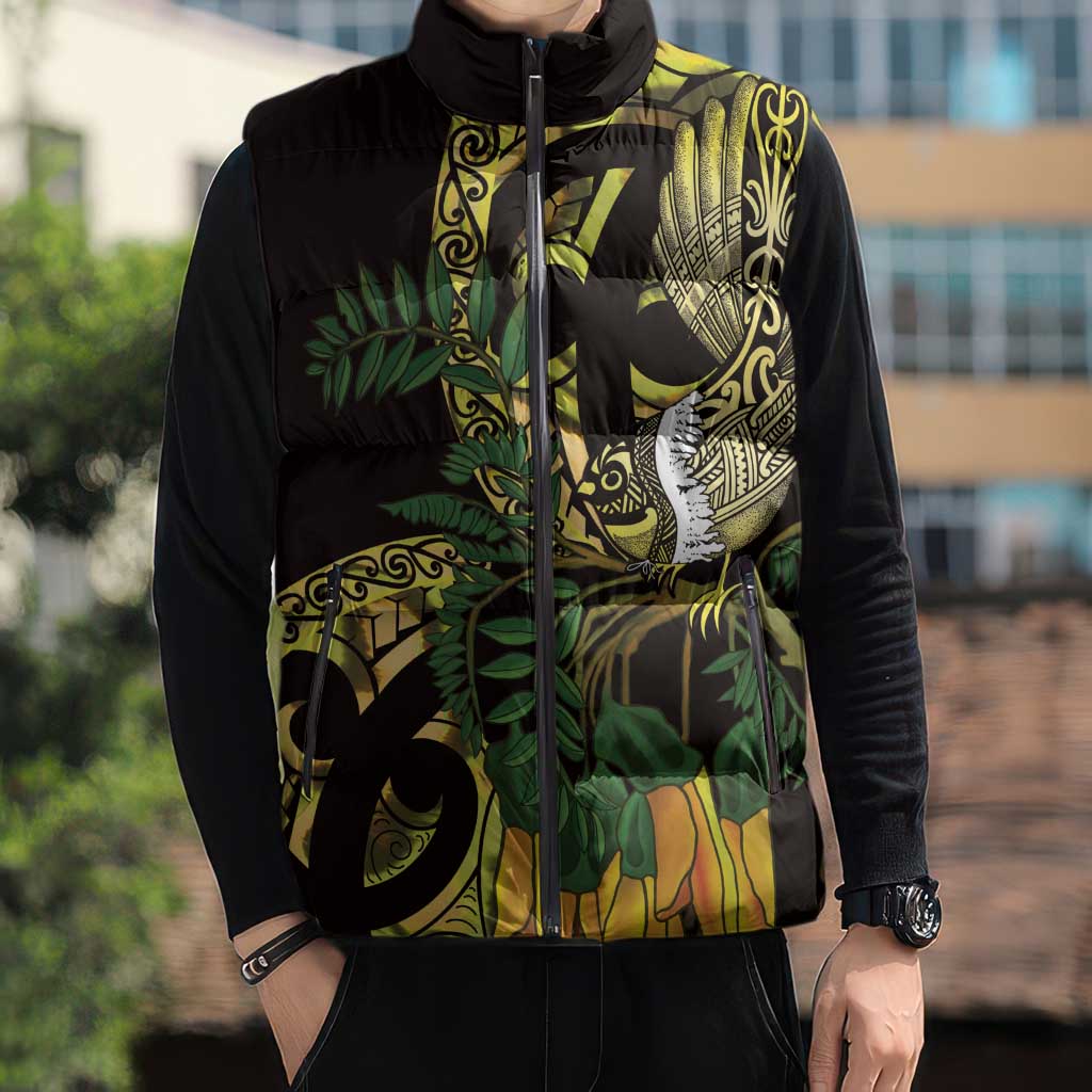 Yellow New Zealand Kowhai And Piwakawaka Sleeveless Puffer Jacket Maori Ngaru Paua Shell LT14 - Polynesian Pride