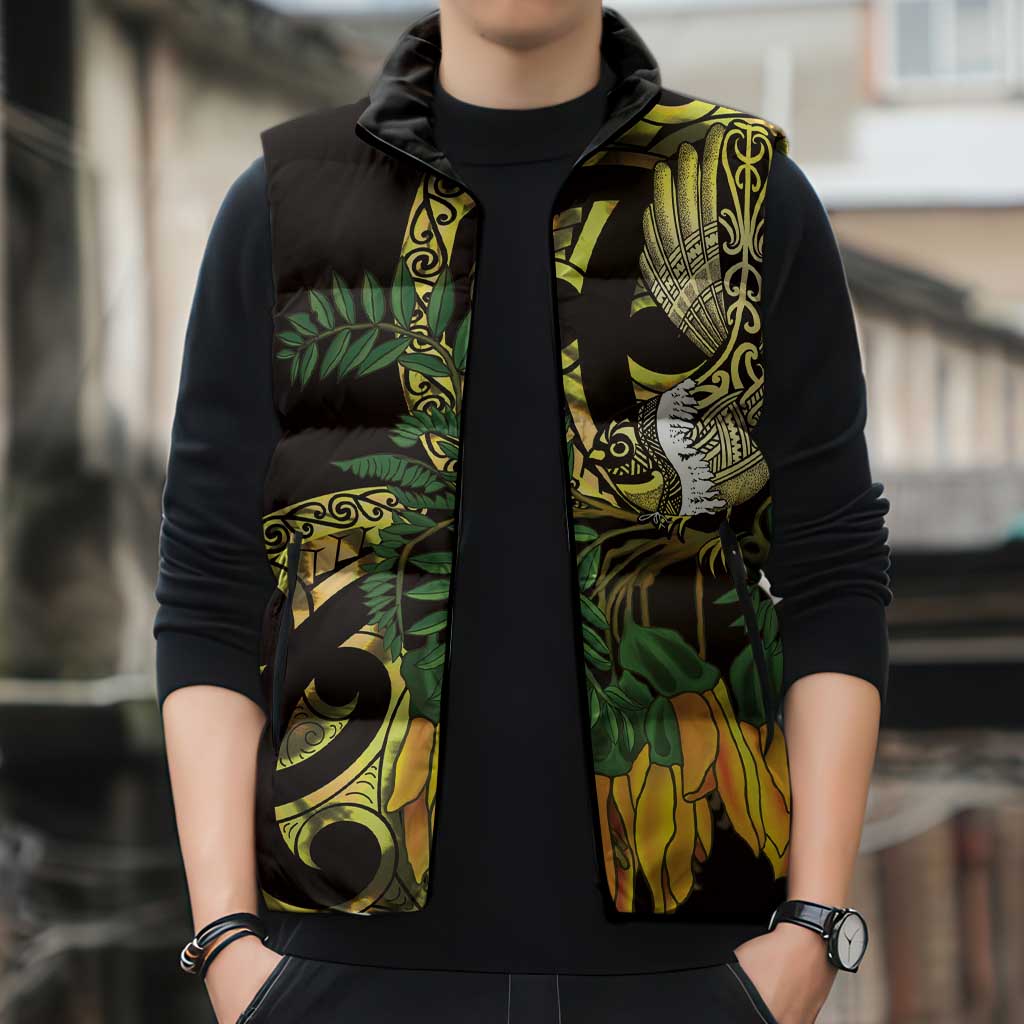 Yellow New Zealand Kowhai And Piwakawaka Sleeveless Puffer Jacket Maori Ngaru Paua Shell LT14 - Polynesian Pride