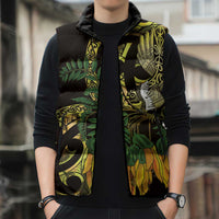 Yellow New Zealand Kowhai And Piwakawaka Sleeveless Puffer Jacket Maori Ngaru Paua Shell LT14 - Polynesian Pride