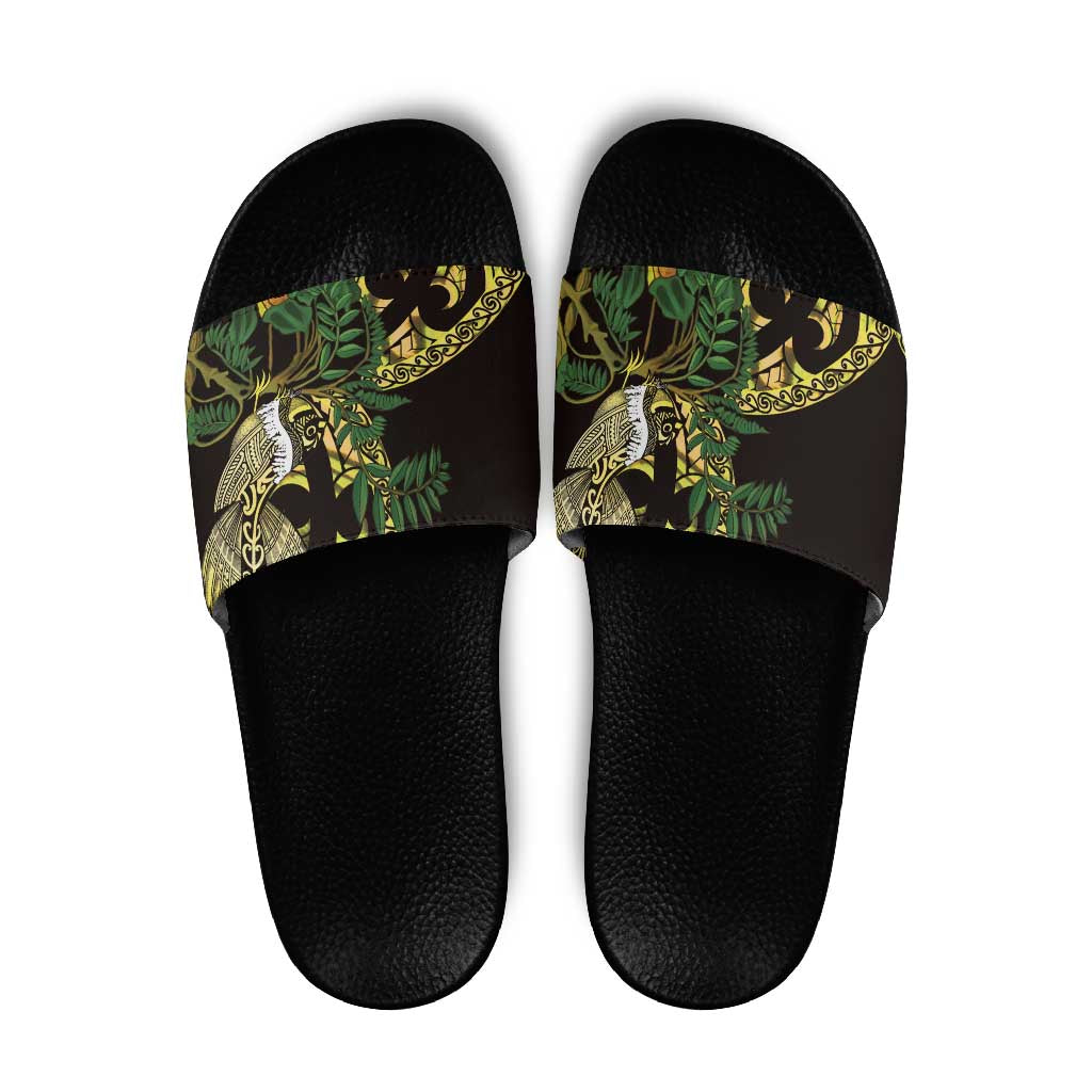 Yellow New Zealand Kowhai And Piwakawaka Slide Sandals Maori Ngaru Paua Shell LT14 Yellow - Polynesian Pride