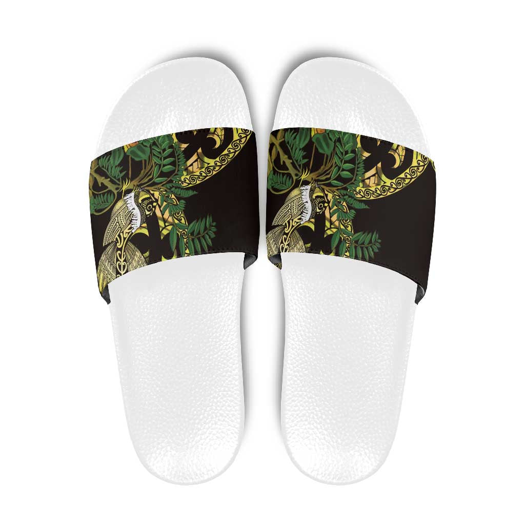 Yellow New Zealand Kowhai And Piwakawaka Slide Sandals Maori Ngaru Paua Shell LT14 Yellow - Polynesian Pride
