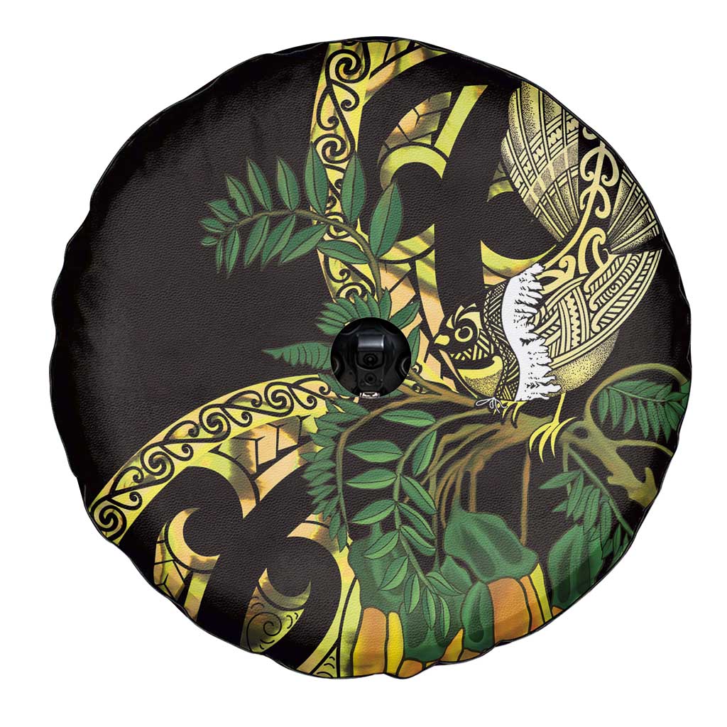 Yellow New Zealand Kowhai And Piwakawaka Spare Tire Cover Maori Ngaru Paua Shell LT14 - Polynesian Pride